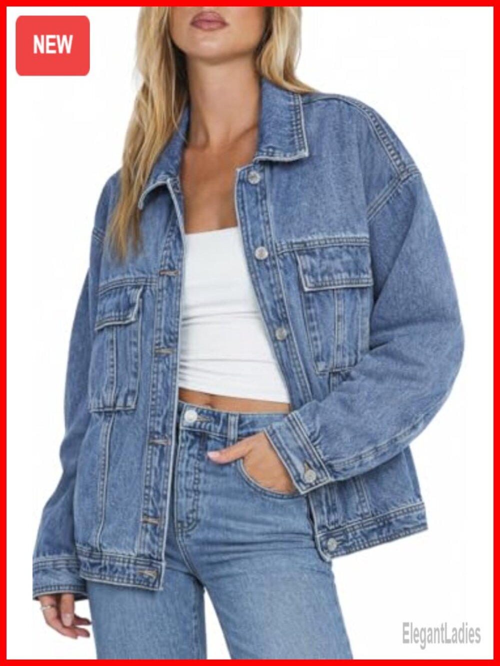 Oversized Denim Jacket Women Long Sleeve Button Down Casual Jean Trucker Coat